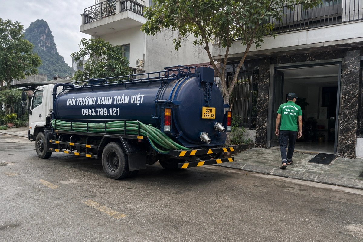 Xe hút bể phốt đỗ tại khu dân cư để làm việc