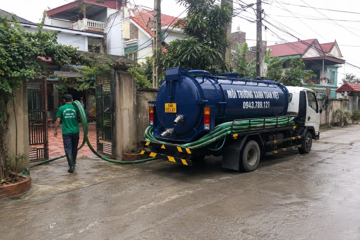 Xe hút bể phốt chuyên dụng cùng đường ống phục vụ công trình