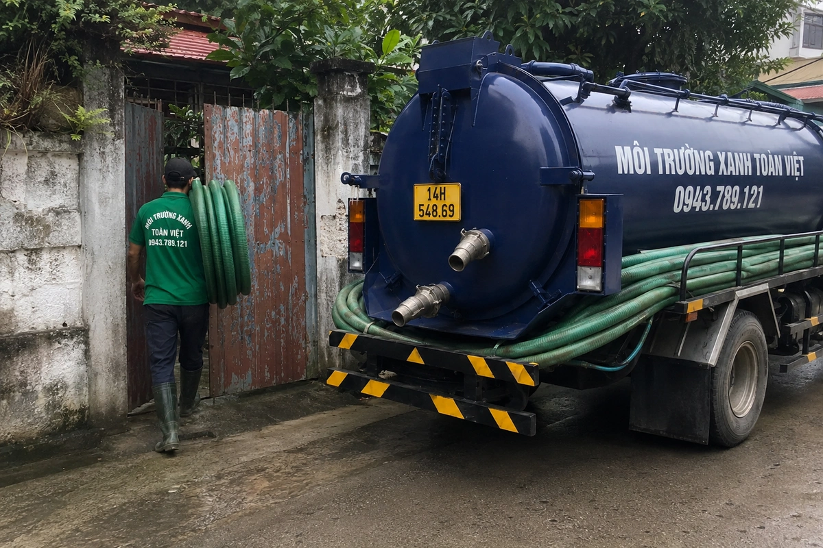 Xe hút bể phốt làm việc tại khu dân cư