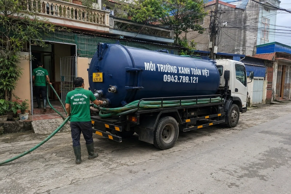 Xe hút bể phốt chuyên dụng cùng đường ống phục vụ công trình