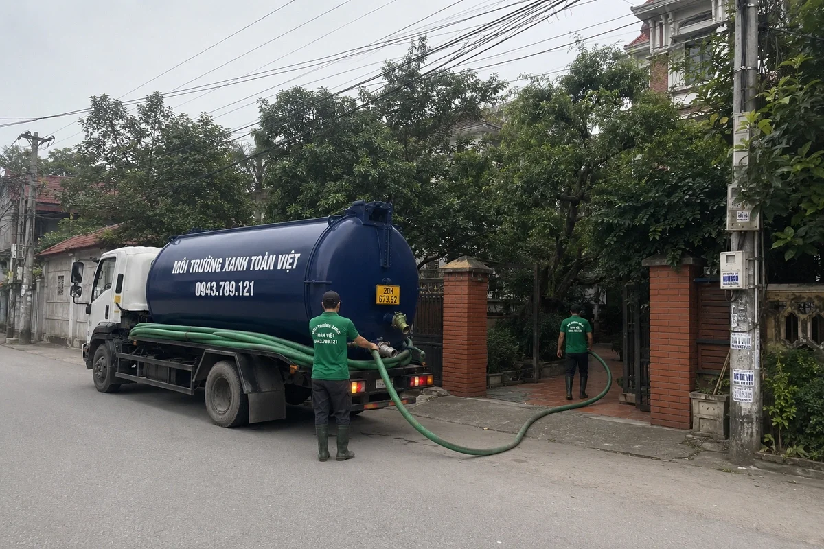 Xe hút bể phốt làm việc tại khu dân cư