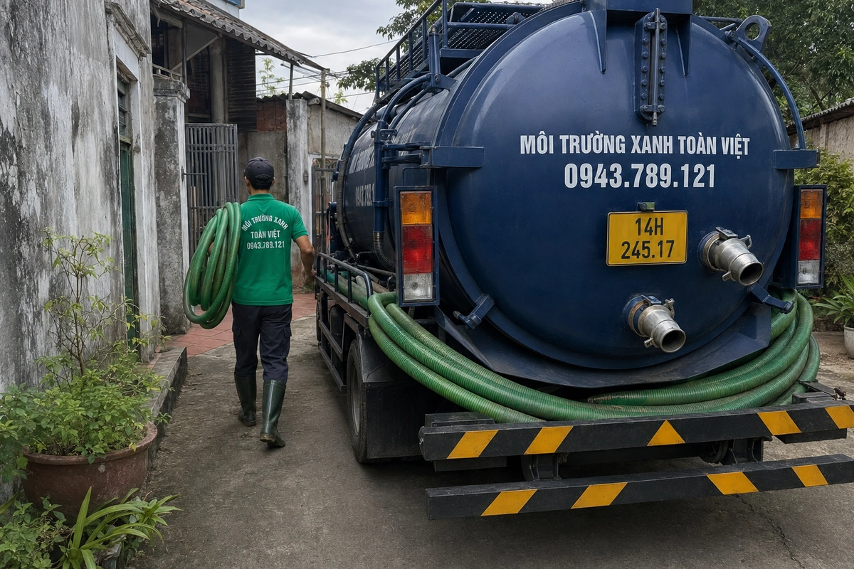 Xe hút bể phốt chuyên dụng cùng đường ống phục vụ công trình