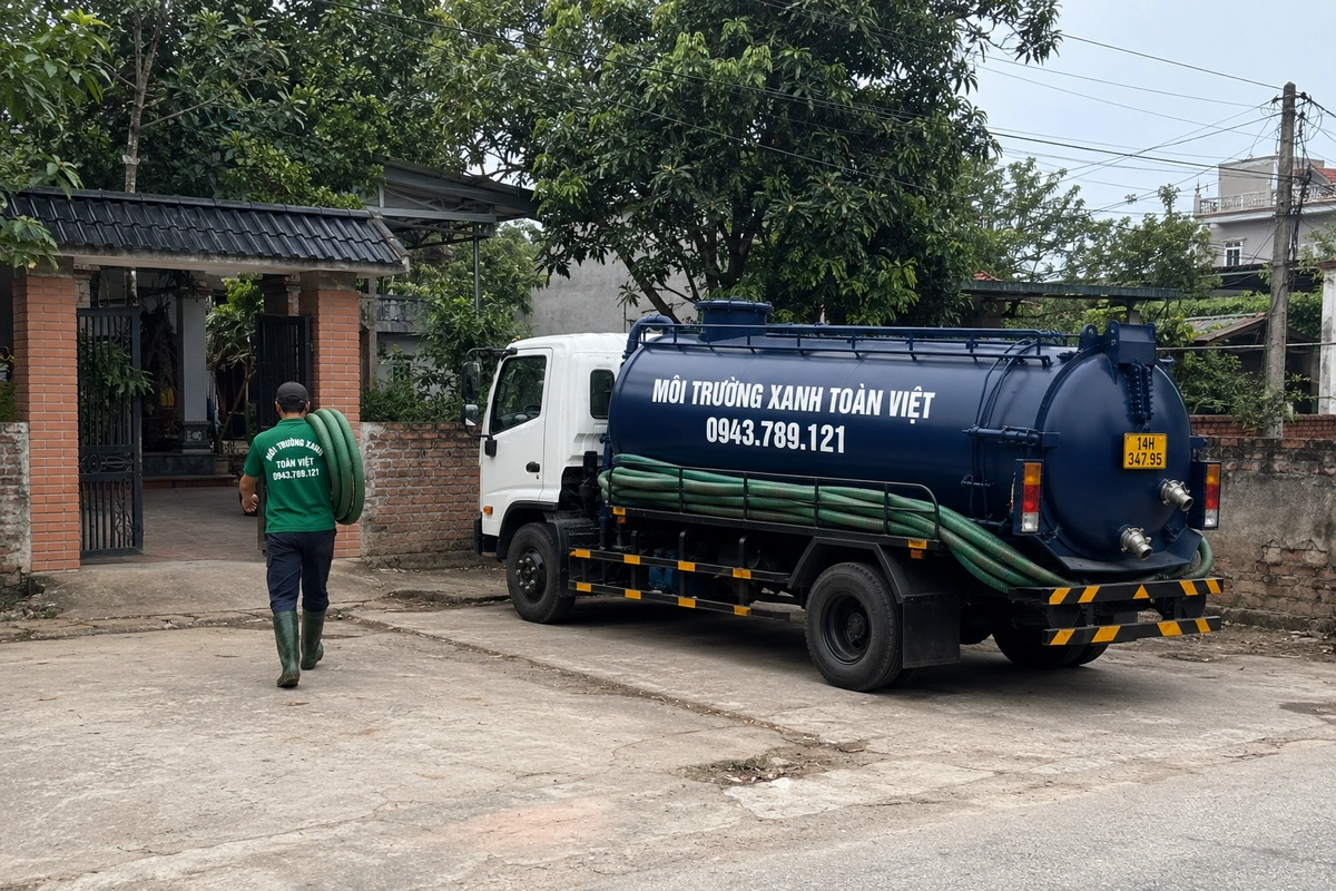 Xe hút bể phốt làm việc tại khu dân cư