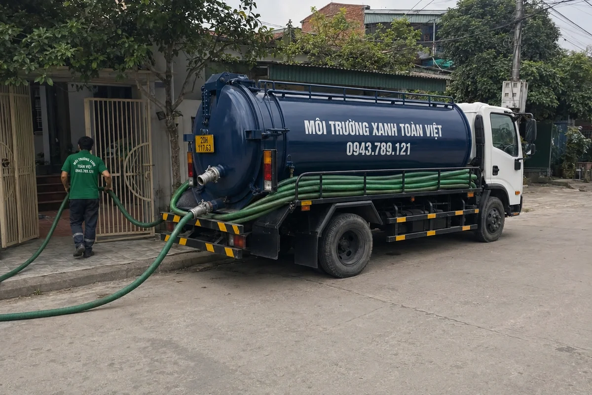 Xe hút bể phốt chuyên dụng cùng đường ống phục vụ công trình