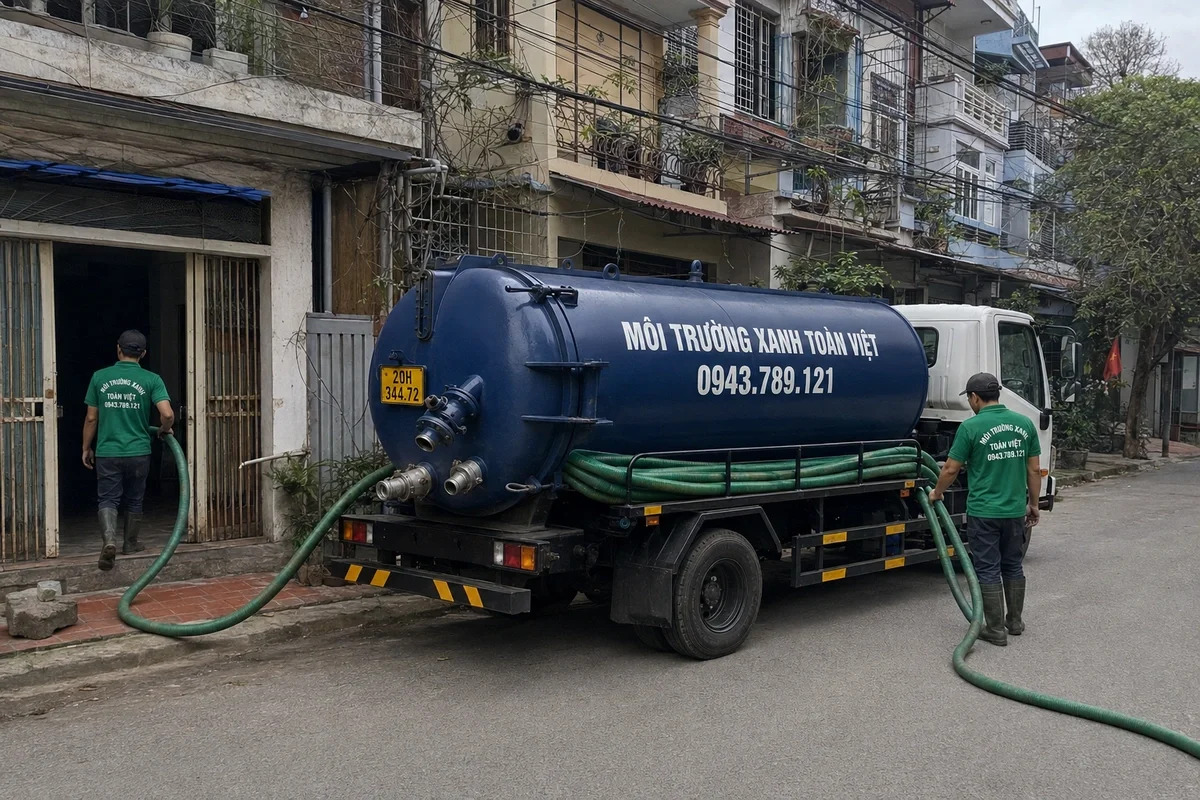 Xe hút bể phốt làm việc tại khu dân cư