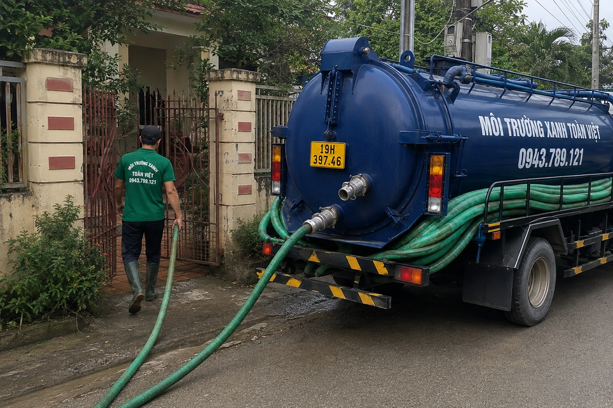 Xe hút bể phốt làm việc tại khu dân cư