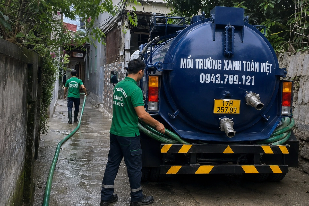 Xe hút bể phốt chuyên dụng cùng đường ống phục vụ công trình