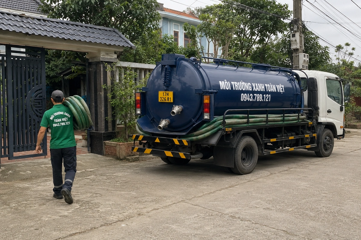 Xe hút bể phốt làm việc tại khu dân cư