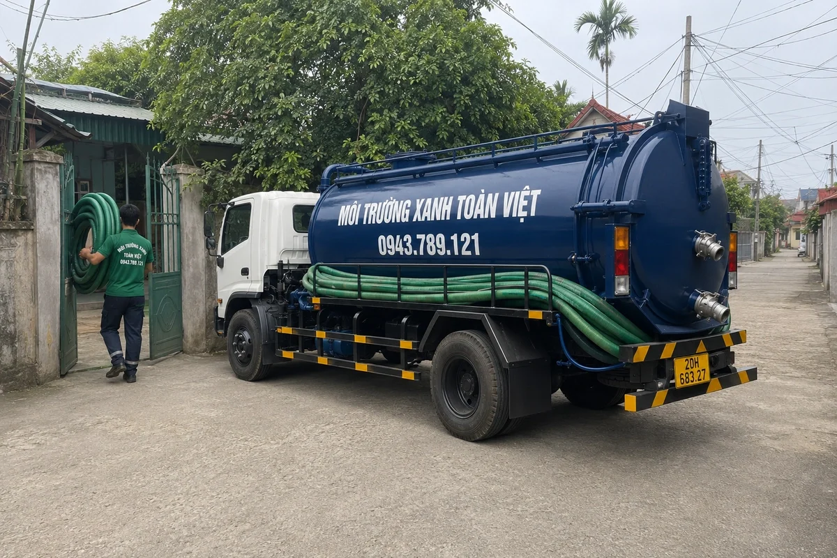 Xe hút bể phốt chuyên dụng cùng đường ống phục vụ công trình