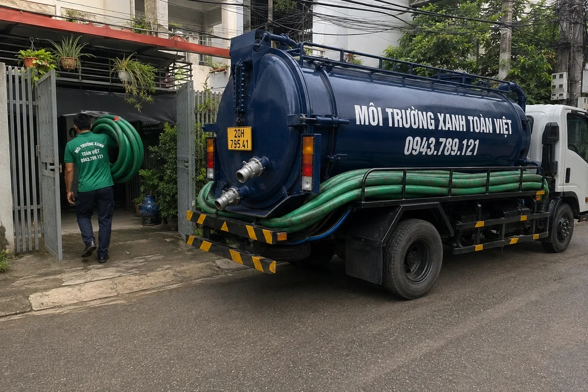 Xe hút bể phốt làm việc tại khu dân cư
