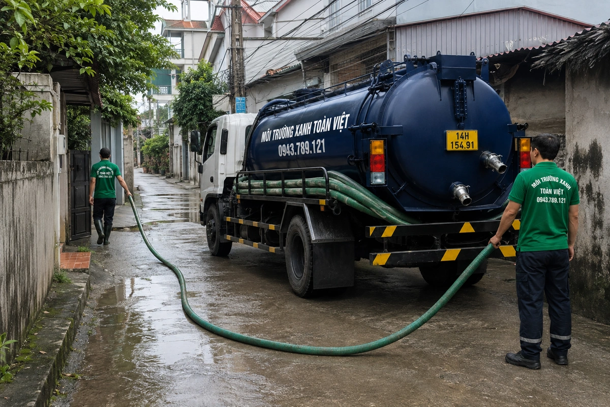 Xe hút bể phốt chuyên dụng cùng đường ống phục vụ công trình