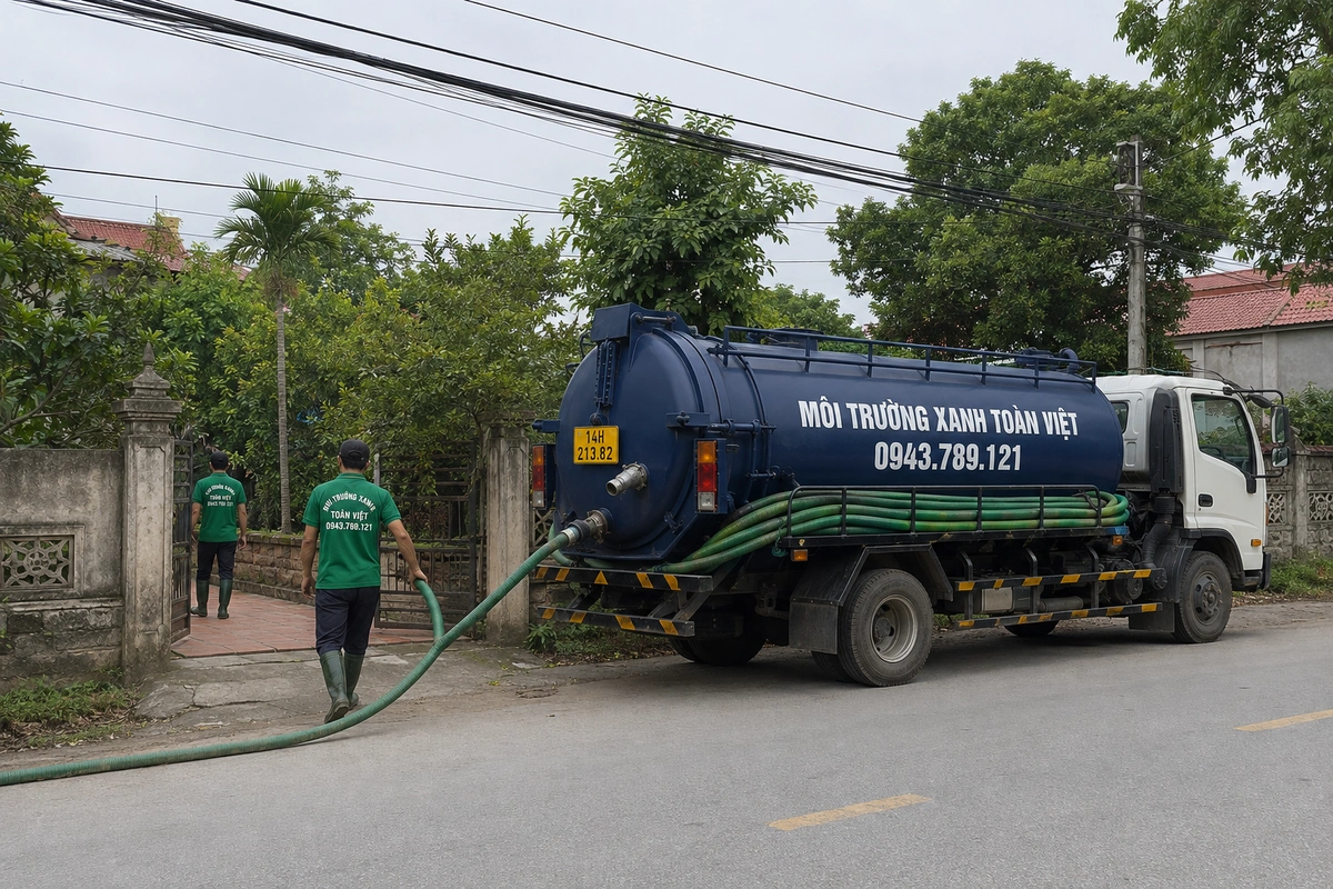 Xe hút bể phốt làm việc tại khu dân cư