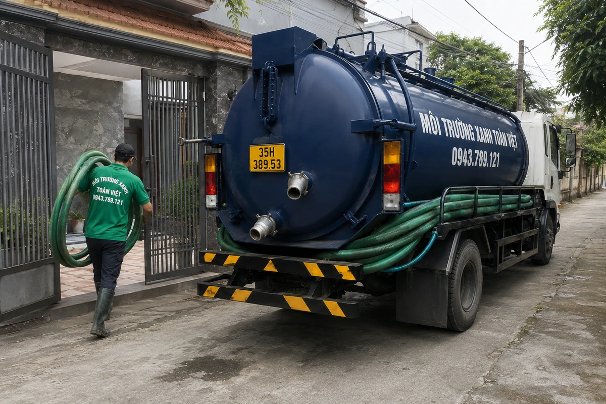 Xe hút bể phốt chuyên dụng cùng đường ống phục vụ công trình