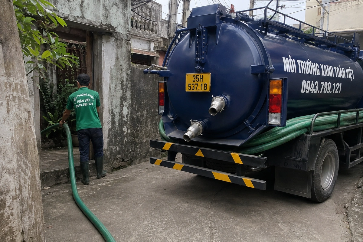 Xe hút bể phốt làm việc tại khu dân cư