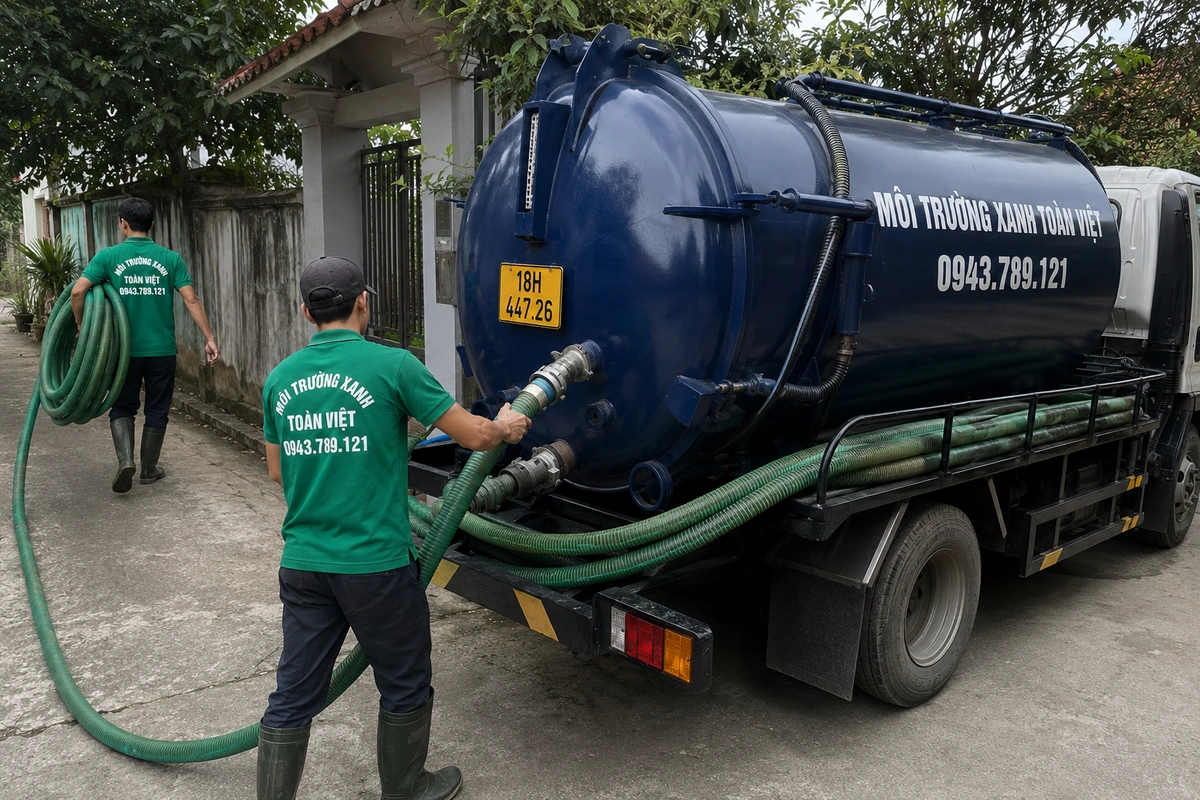 Xe hút bể phốt chuyên dụng cùng đường ống phục vụ công trình
