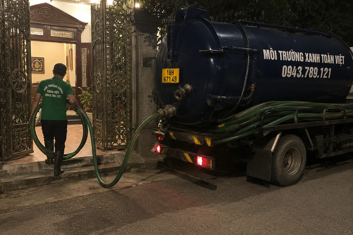 Xe hút bể phốt làm việc tại khu dân cư