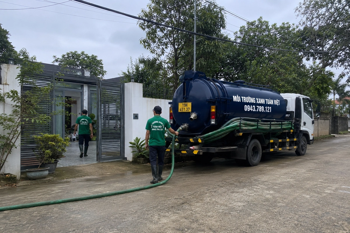 Xe hút bể phốt chuyên dụng cùng đường ống phục vụ công trình