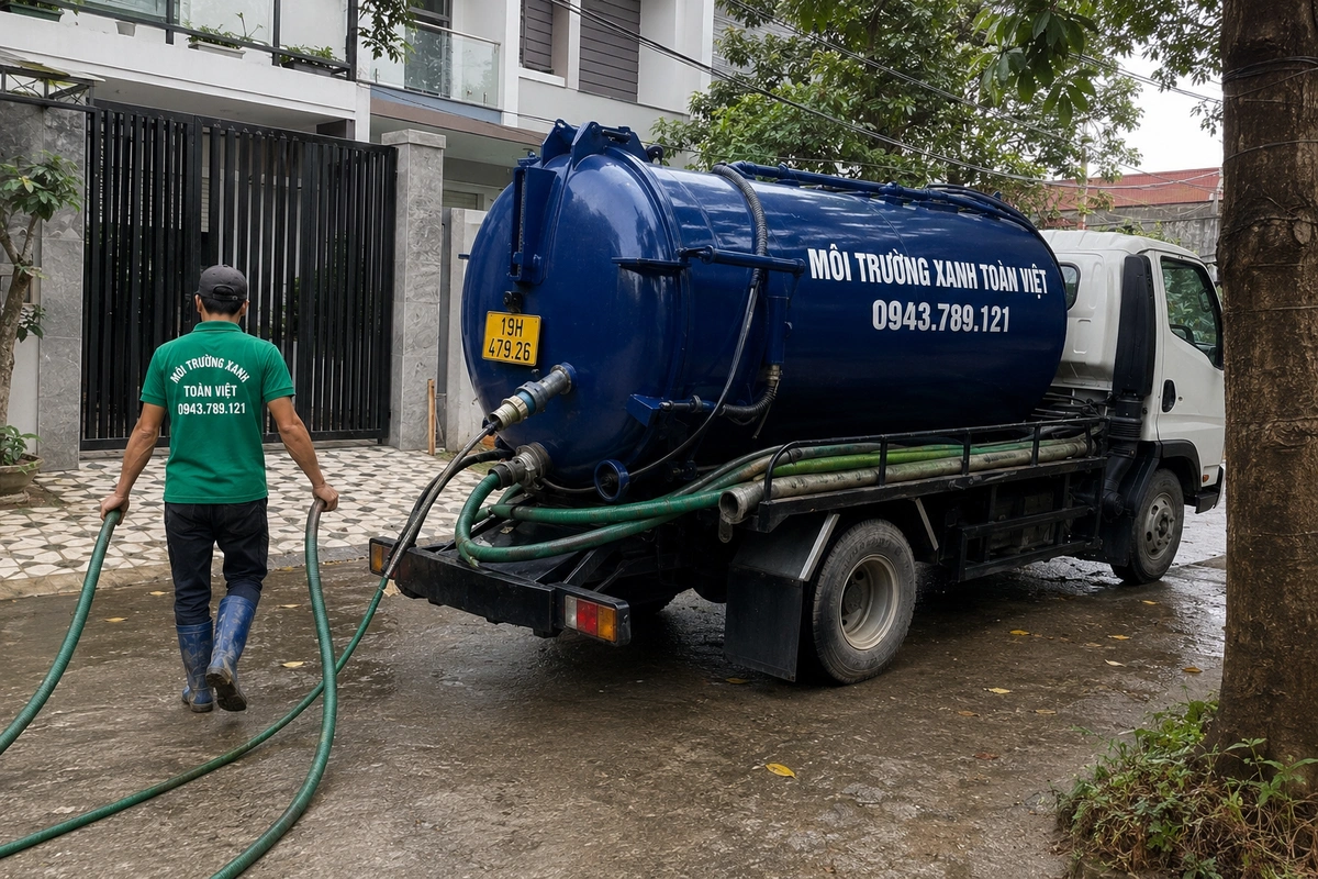 Xe hút bể phốt làm việc tại khu dân cư