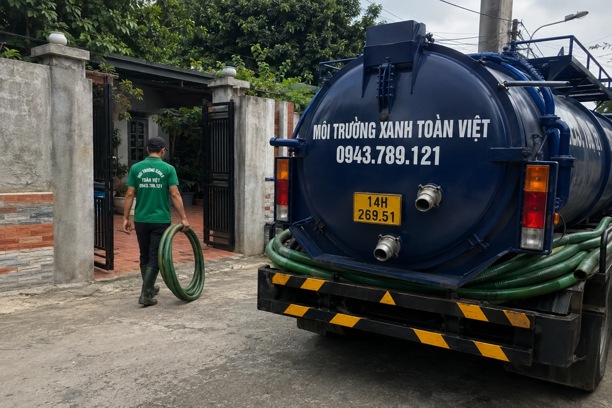 Xe hút bể phốt chuyên dụng cùng đường ống phục vụ công trình