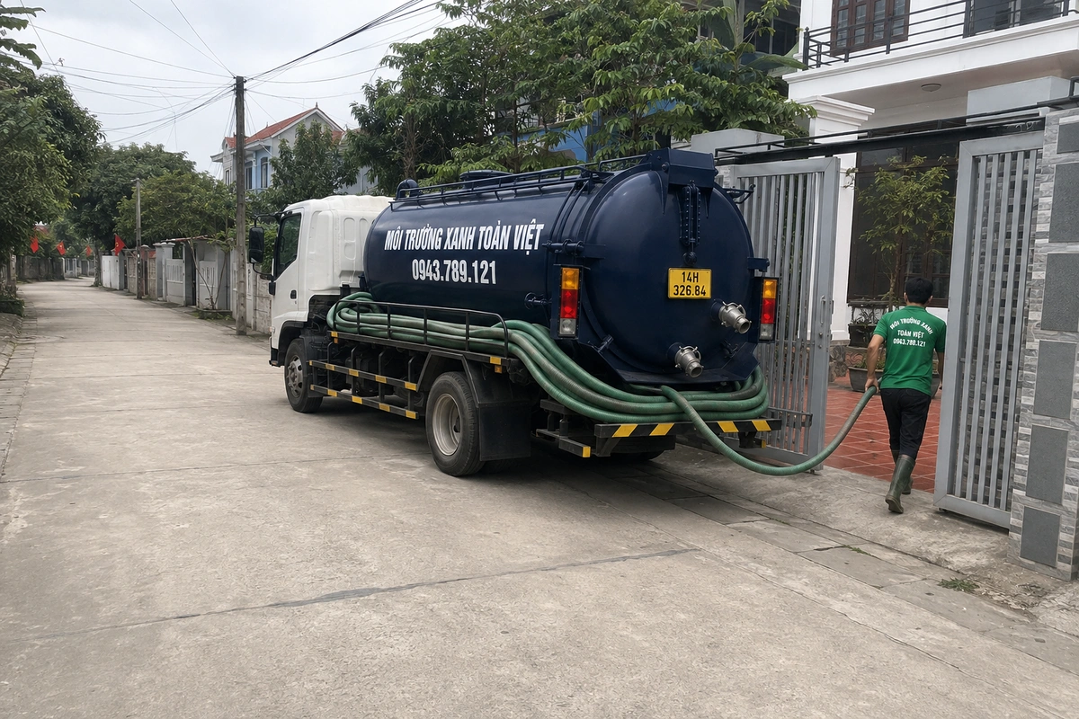 Xe hút bể phốt làm việc tại khu dân cư