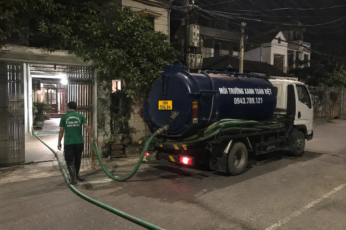 Xe hút bể phốt chuyên dụng cùng đường ống phục vụ công trình