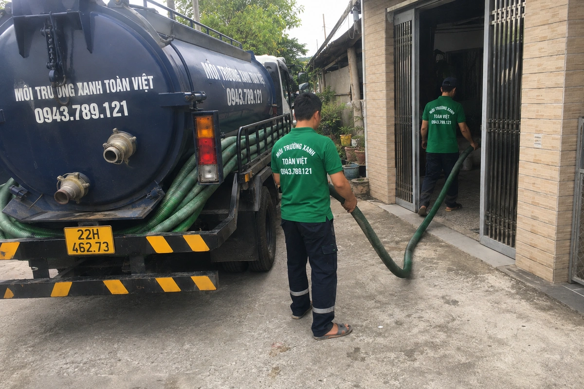 Nhân viên triển khai đường ống từ xe hút bể phốt