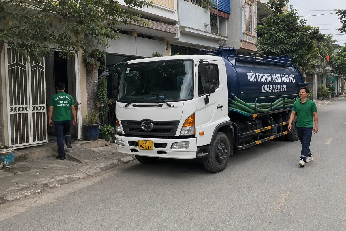 Xe hút bể phốt đỗ tại khu dân cư để làm việc