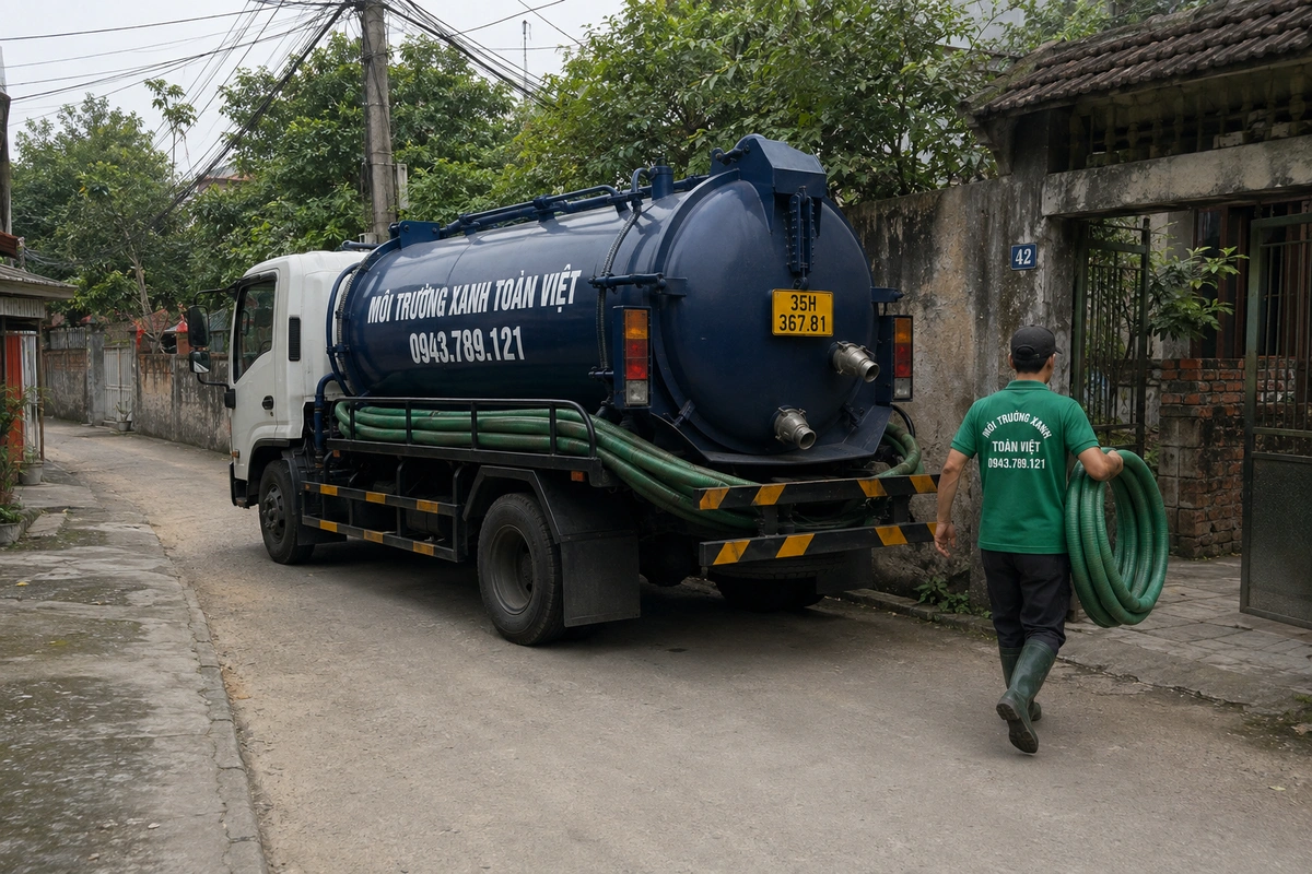 Xe hút bể phốt chuyên dụng cùng đường ống phục vụ công trình