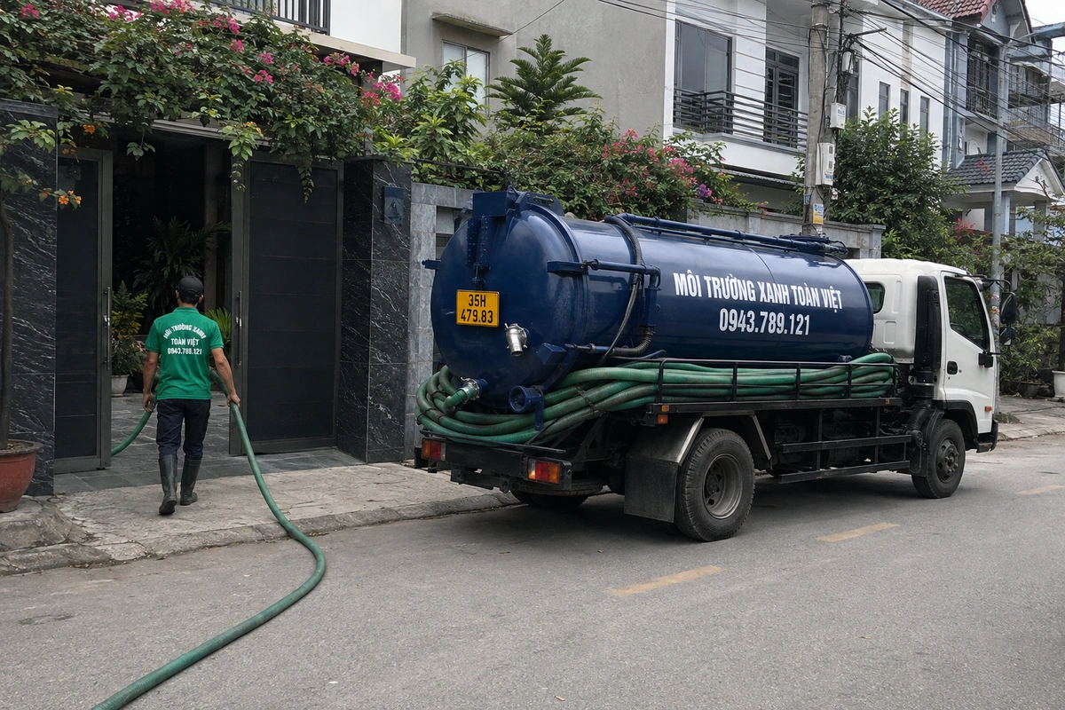 Xe hút bể phốt làm việc tại khu dân cư