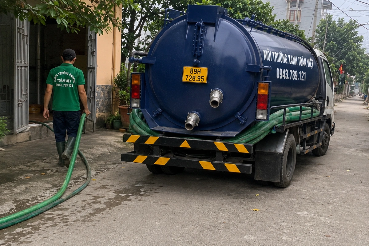 Xe hút bể phốt cùng nhân viên phục vụ công trình