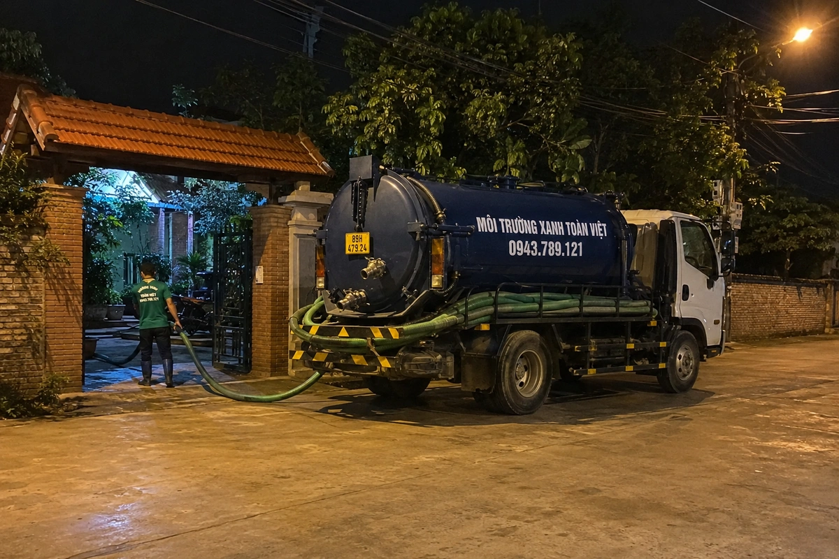 Xe hút bể phốt làm việc tại khu dân cư