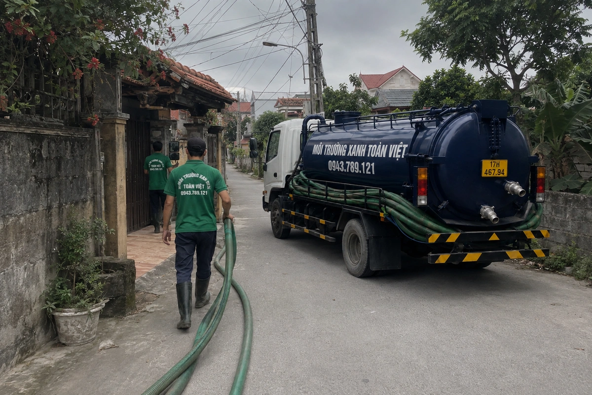 Xe hút bể phốt chuyên dụng cùng đường ống phục vụ công trình