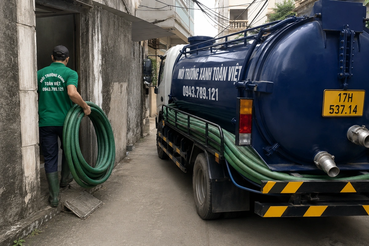 Xe hút bể phốt làm việc tại khu dân cư