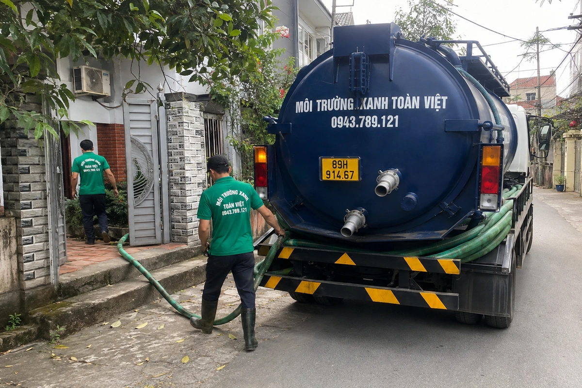 Xe hút bể phốt cùng nhân viên phục vụ công trình