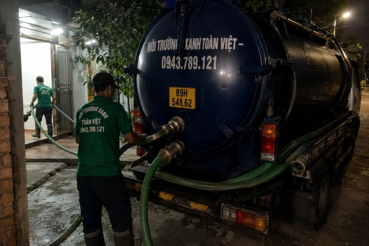Xe hút bể phốt làm việc tại khu dân cư
