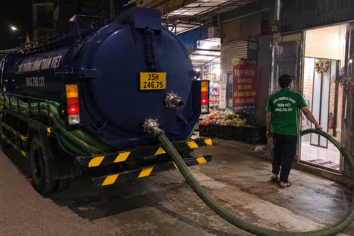 Nhân viên triển khai đường ống hút tại công trình