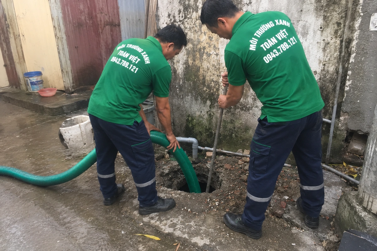Nhân viên thực hiện hút bể phốt tại công trình