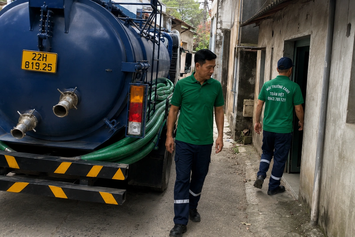 Xe hút bể phốt đỗ tại khu dân cư để làm việc
