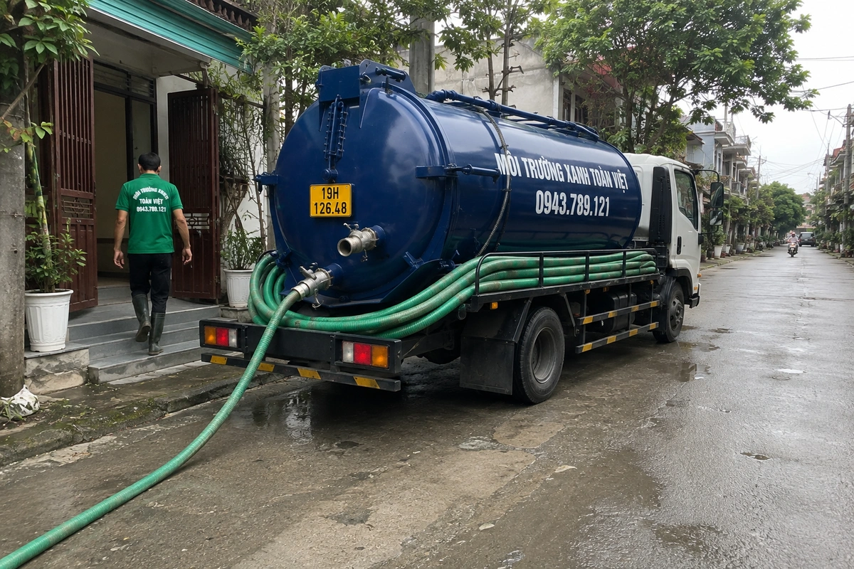 Xe hút bể phốt chuyên dụng cùng đường ống phục vụ công trình