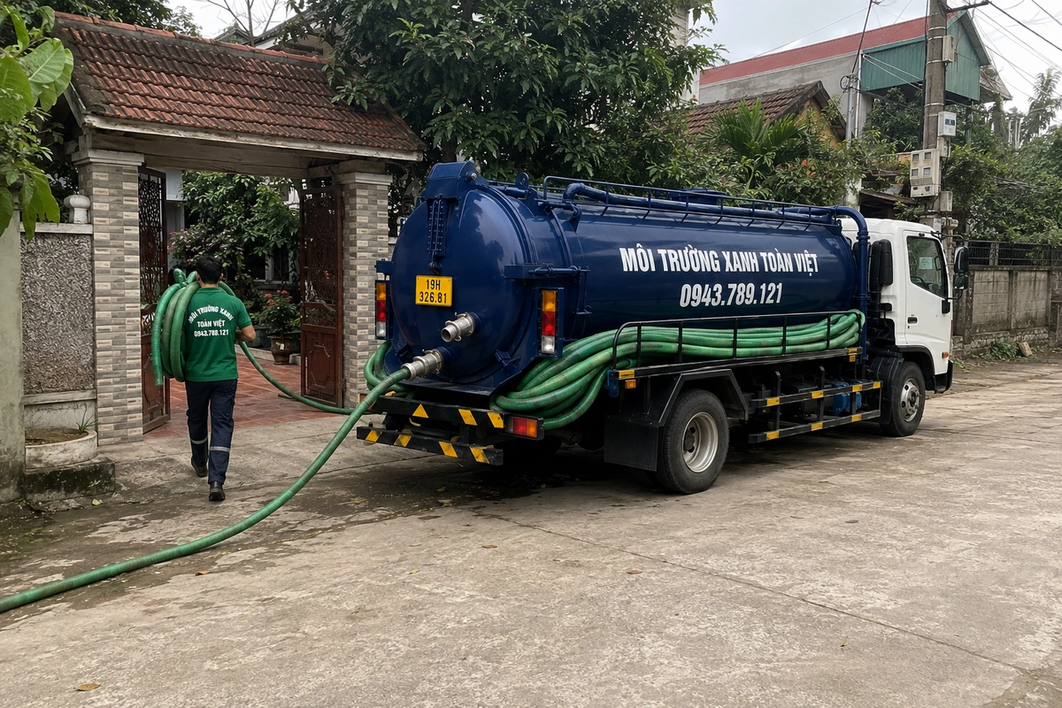Xe hút bể phốt làm việc tại khu dân cư