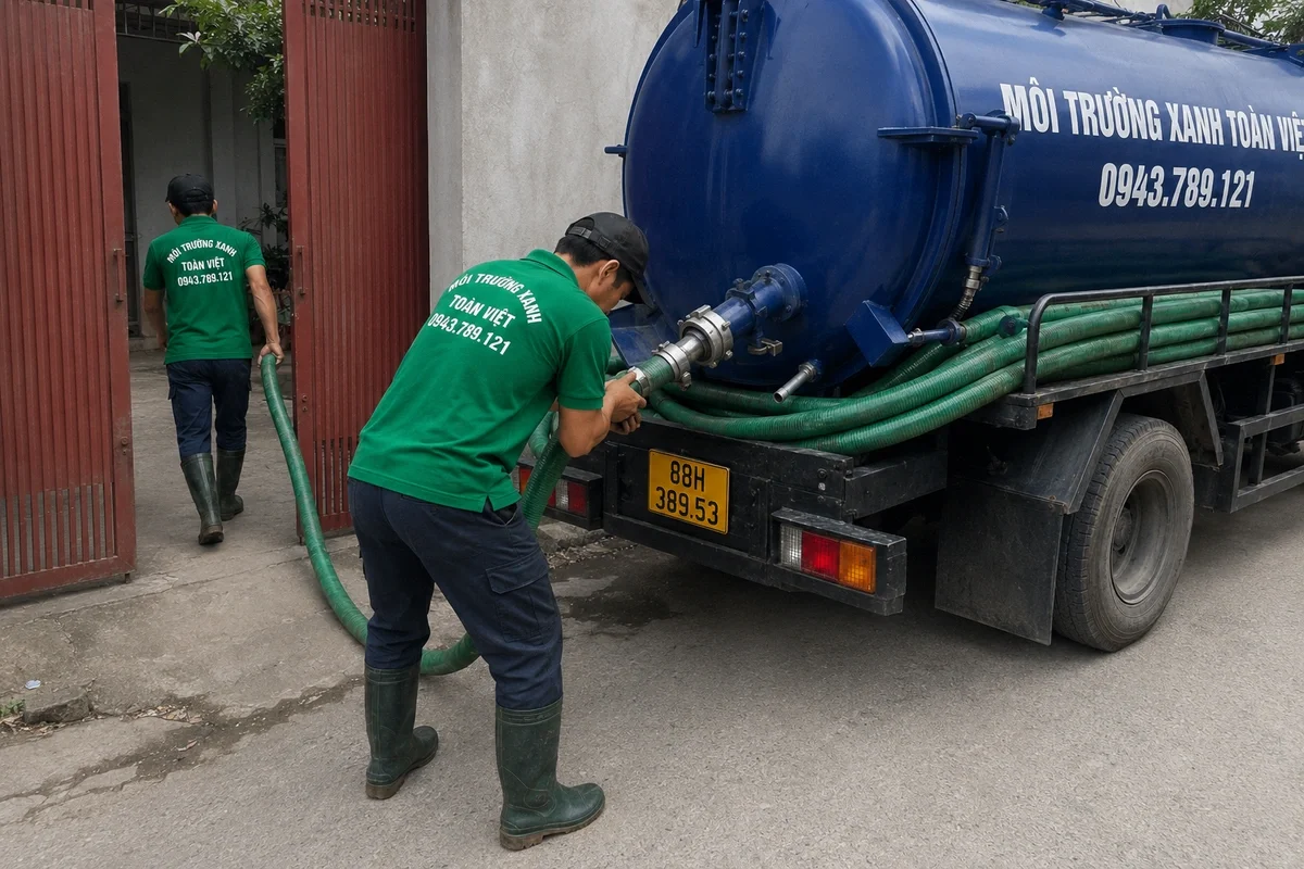 Nhân viên triển khai đường ống từ xe hút bể phốt