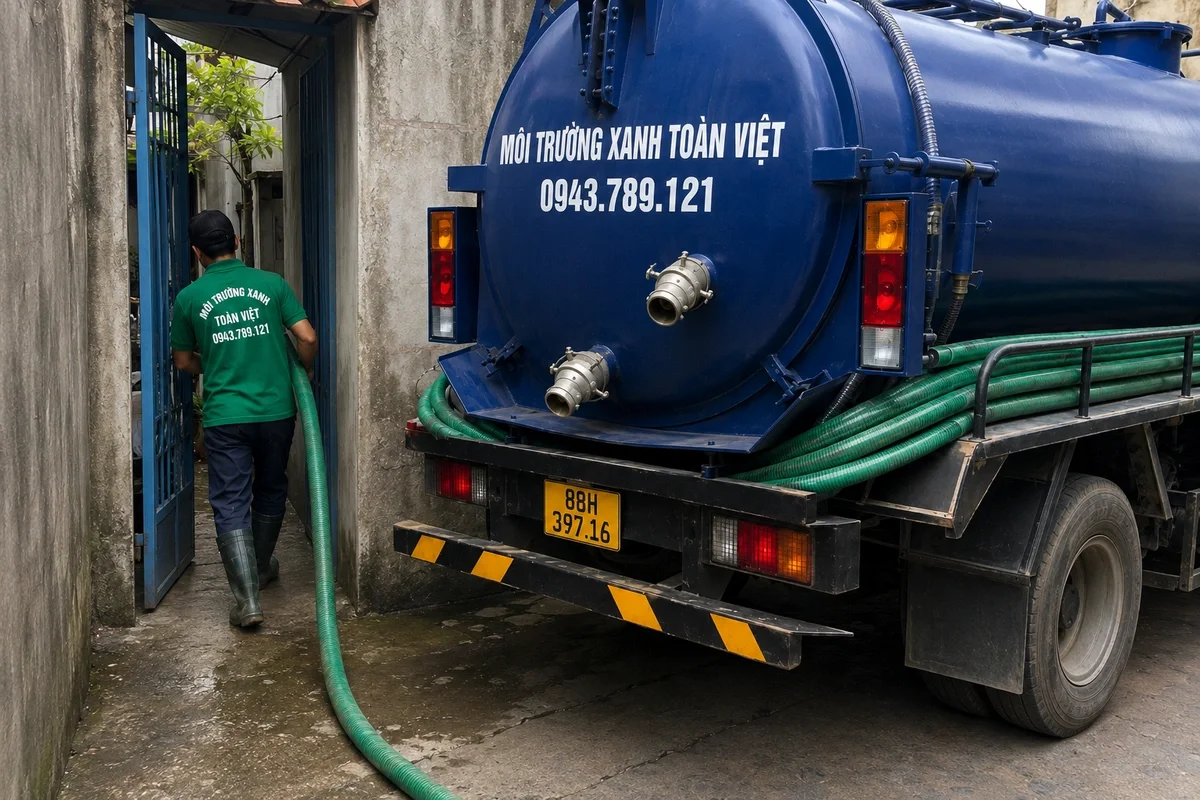 Xe hút bể phốt đỗ tại khu dân cư để làm việc