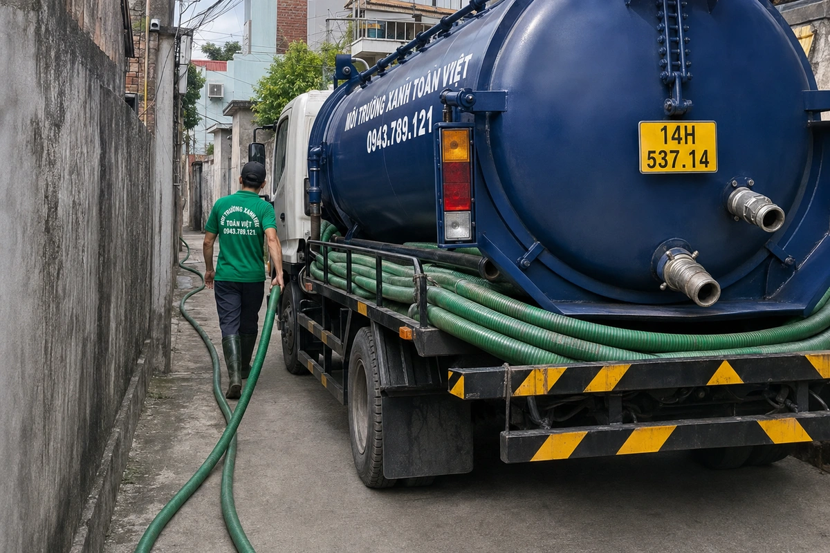 Xe hút bể phốt chuyên dụng cùng đường ống phục vụ công trình
