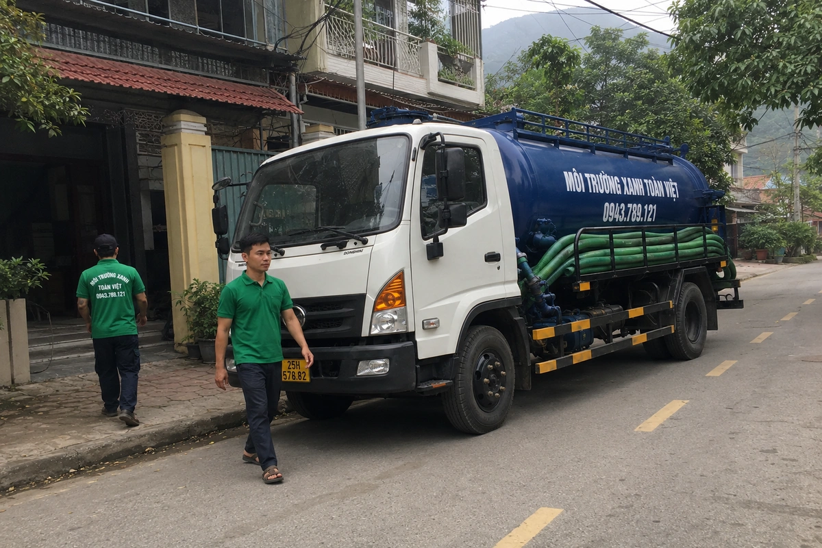 Nhân viên triển khai đường ống hút tại công trình