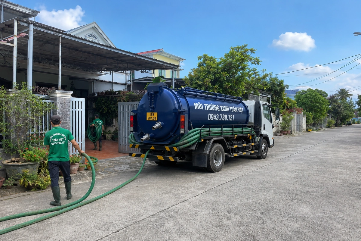 Xe hút bể phốt chuyên dụng cùng đường ống phục vụ công trình