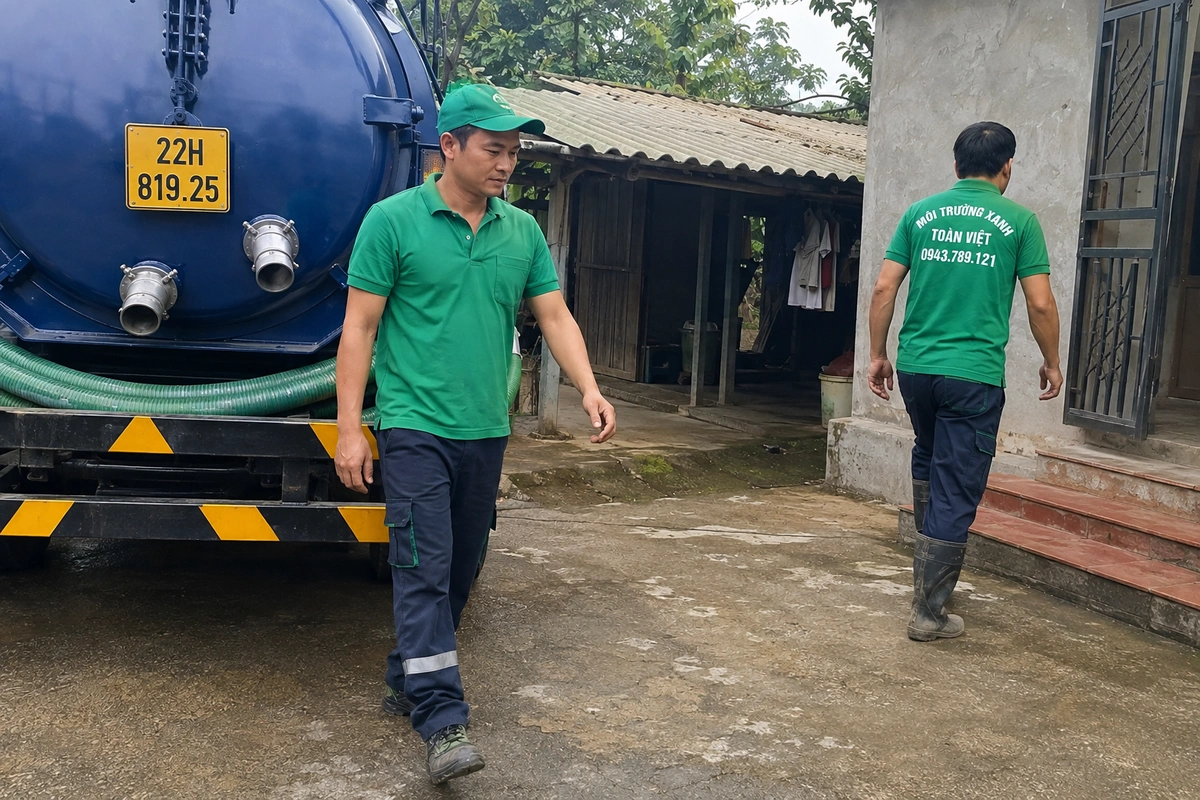 Hút Bể Phốt Tại Na Hang, Thợ Đến Nhanh 24/7 Tuyên Quang 9 Nhân viên triển khai đường ống từ xe hút bể phốt