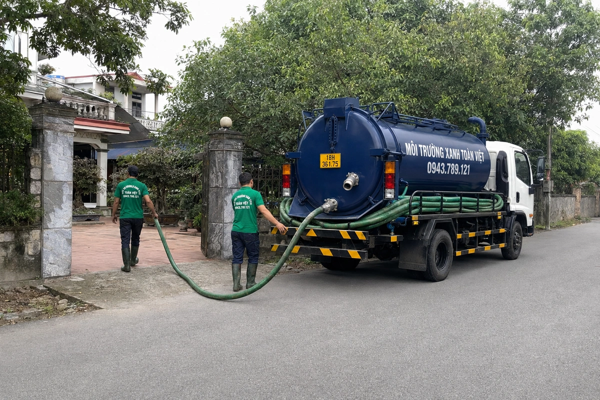 Xe hút bể phốt chuyên dụng cùng đường ống phục vụ công trình