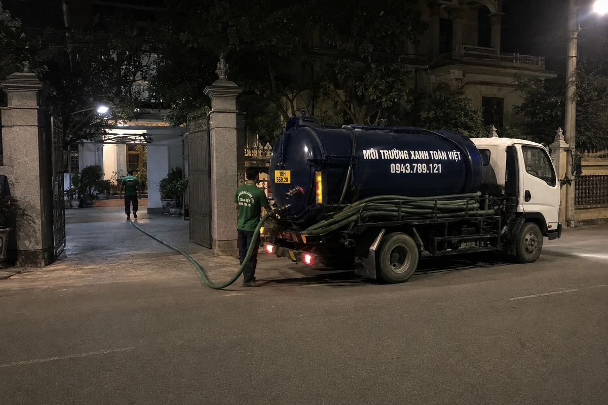 Xe hút bể phốt làm việc tại khu dân cư