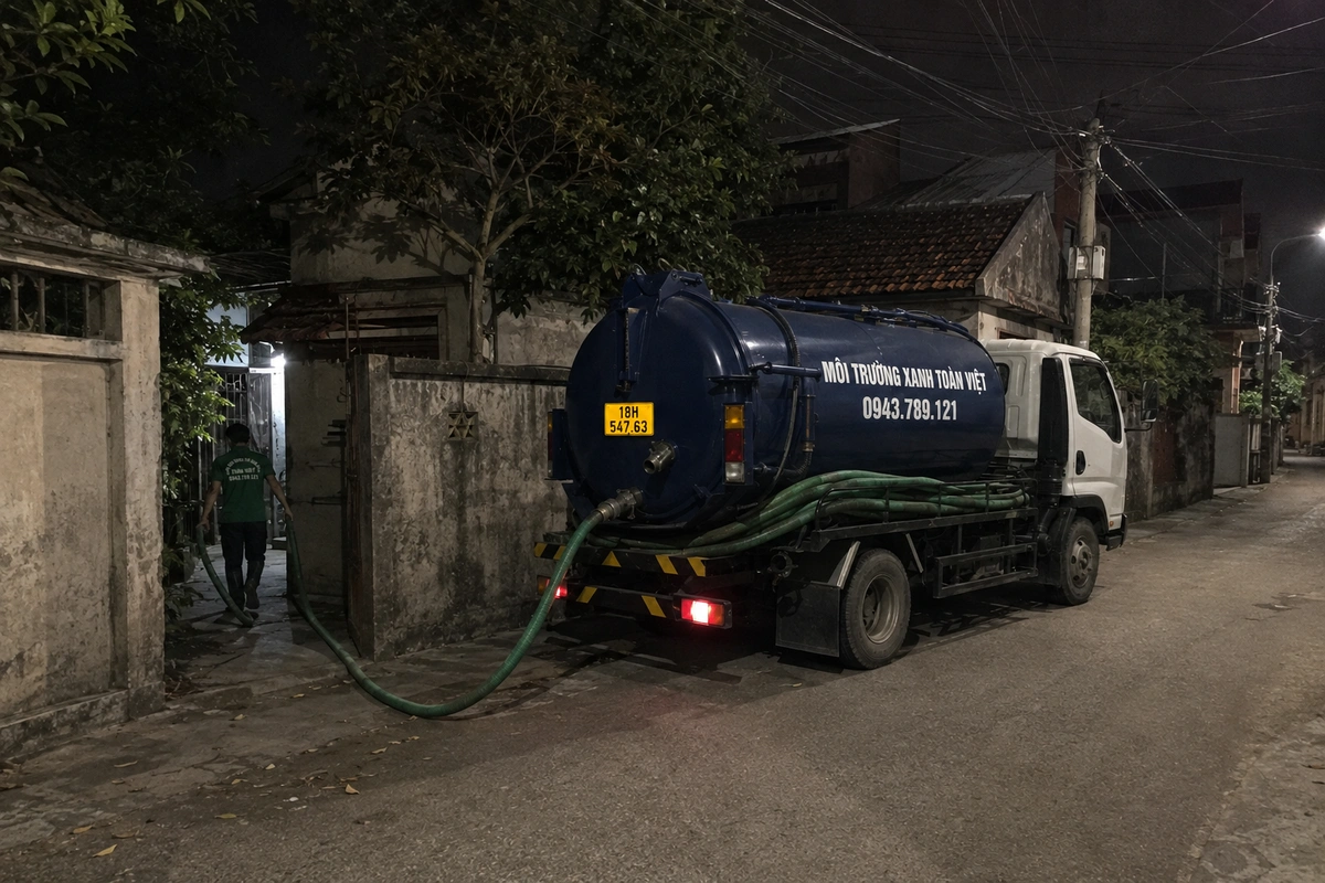 Xe hút bể phốt chuyên dụng cùng đường ống phục vụ công trình