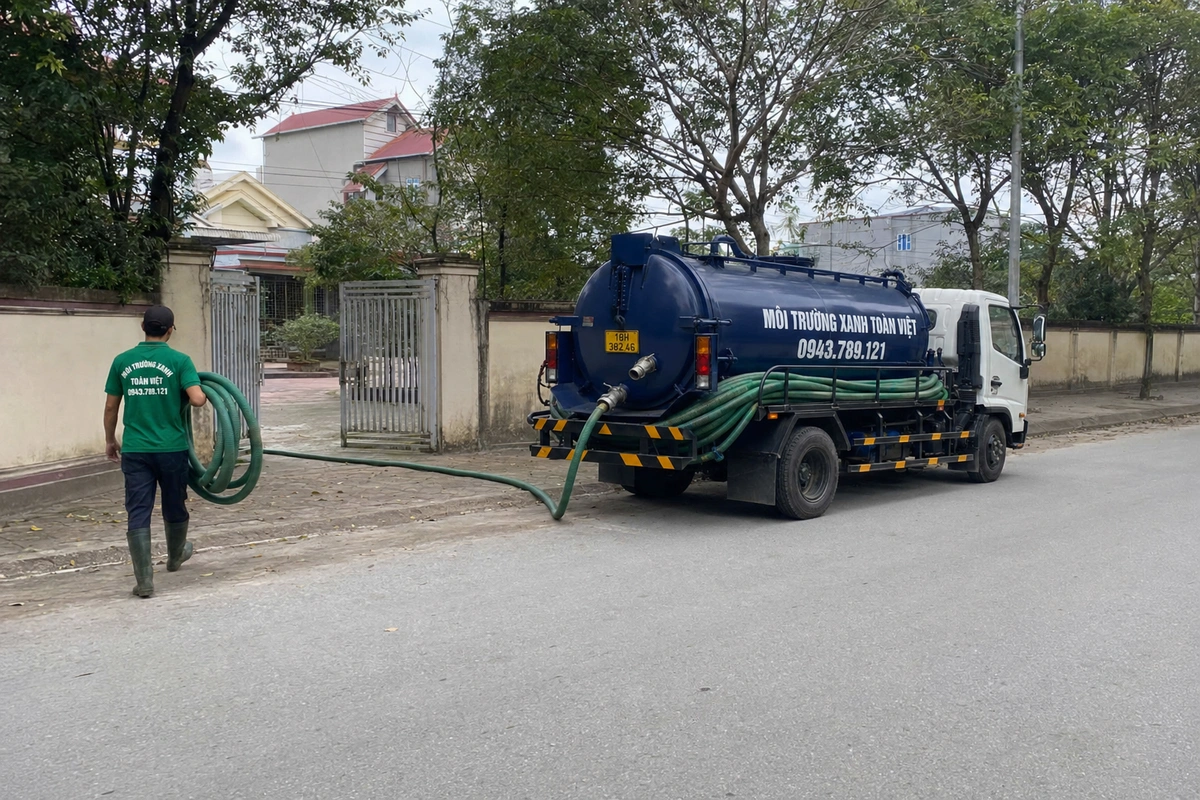 Xe hút bể phốt chuyên dụng cùng đường ống phục vụ công trình